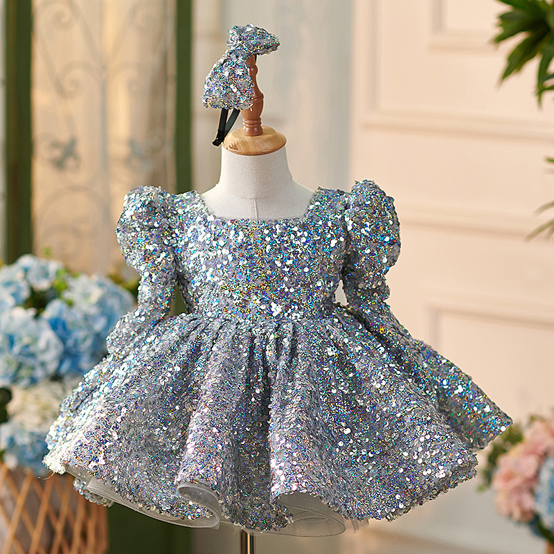OT015  Newest Kids Party Luxury Ball Gown Long Sleeved Silver Glitter Princess Party Dress Flower Girls Wedding Puffy Dresses