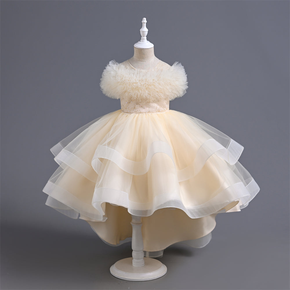 VA238 2024 New Fashion Layers Girls Dress Fluffy Collar Birthday Holidays Wedding Children Trailing Dresses