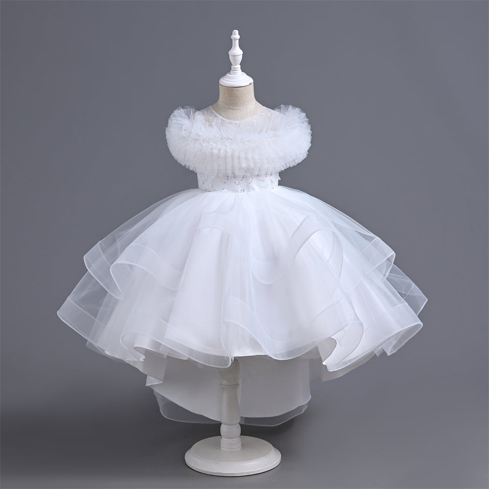 VA238 2024 New Fashion Layers Girls Dress Fluffy Collar Birthday Holidays Wedding Children Trailing Dresses