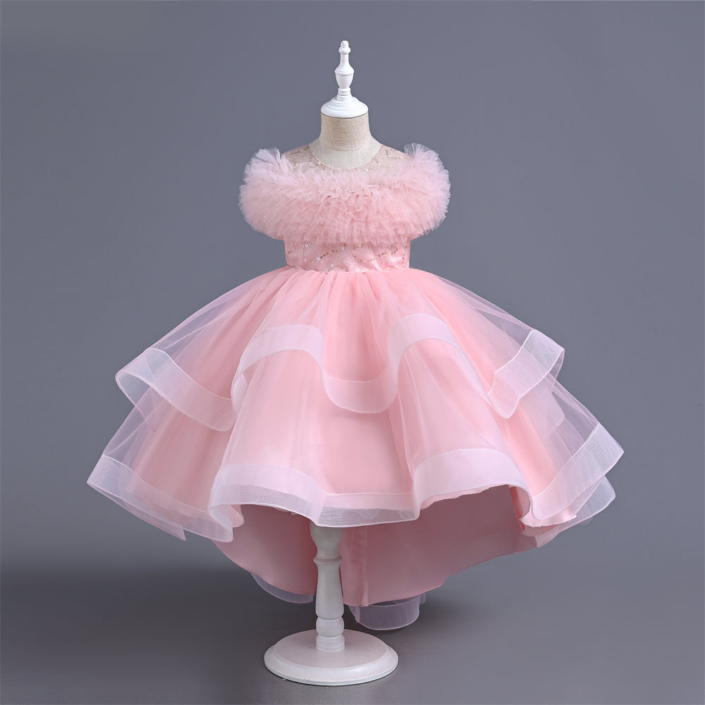 VA238 2024 New Fashion Layers Girls Dress Fluffy Collar Birthday Holidays Wedding Children Trailing Dresses
