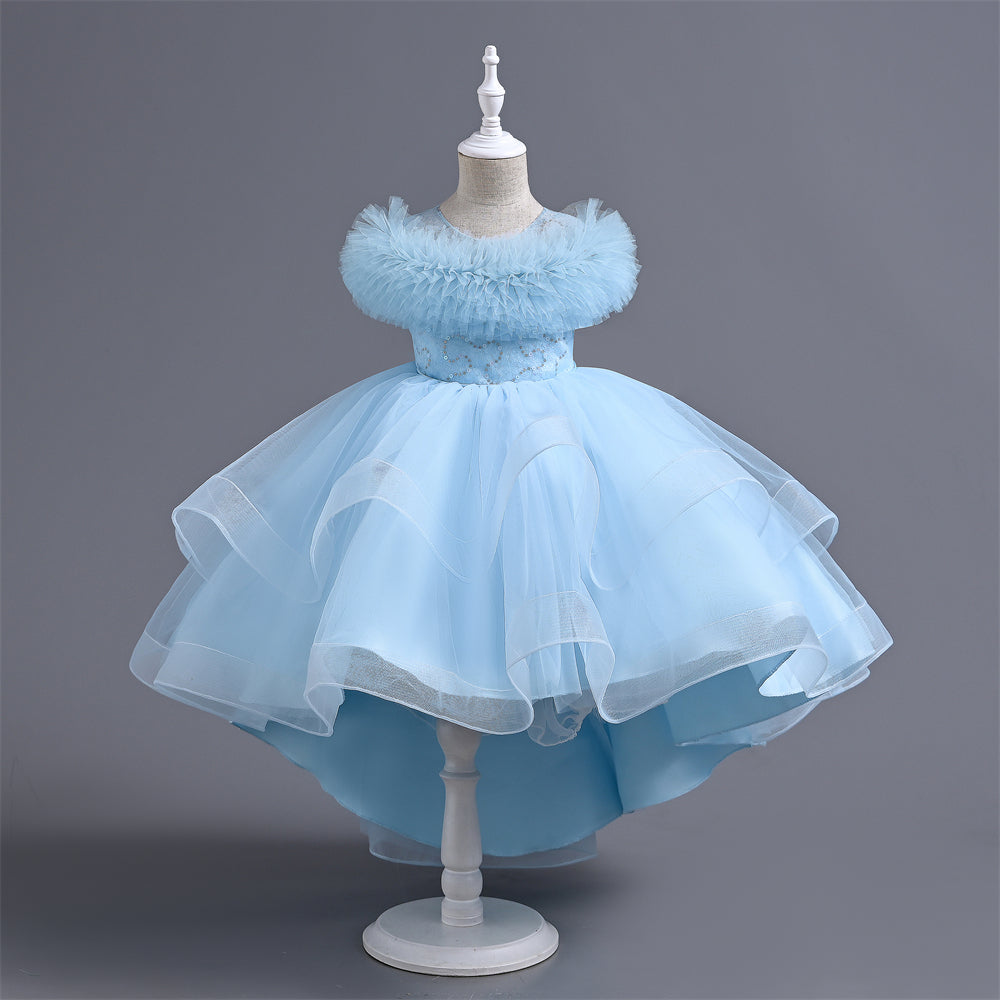 VA238 2024 New Fashion Layers Girls Dress Fluffy Collar Birthday Holidays Wedding Children Trailing Dresses
