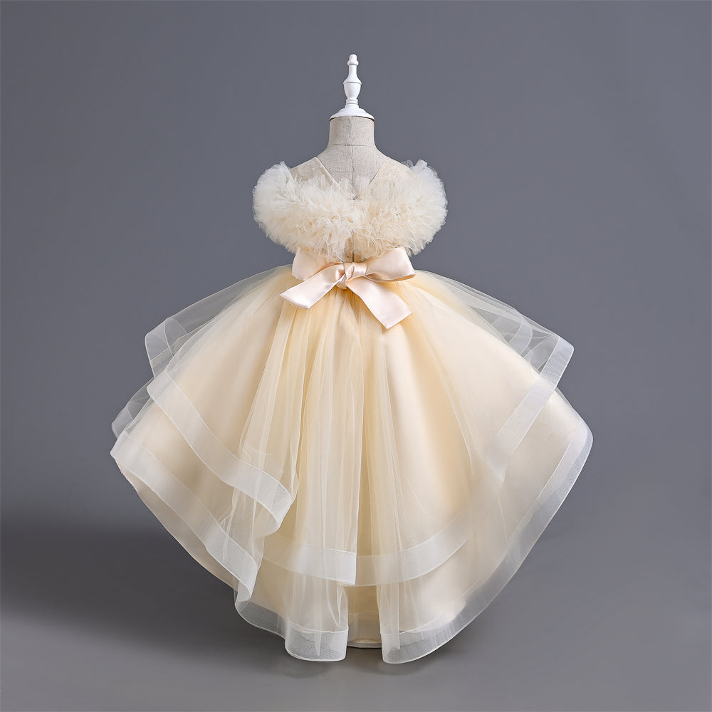 VA238 2024 New Fashion Layers Girls Dress Fluffy Collar Birthday Holidays Wedding Children Trailing Dresses