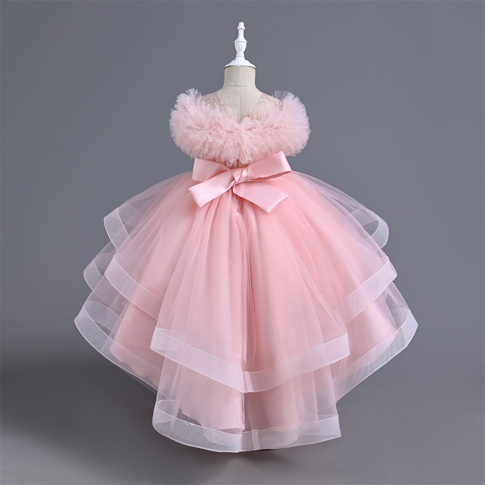 VA238 2024 New Fashion Layers Girls Dress Fluffy Collar Birthday Holidays Wedding Children Trailing Dresses