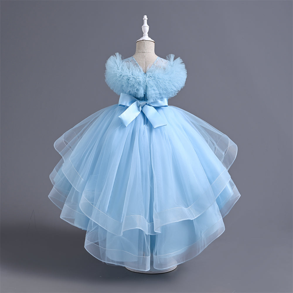 VA238 2024 New Fashion Layers Girls Dress Fluffy Collar Birthday Holidays Wedding Children Trailing Dresses