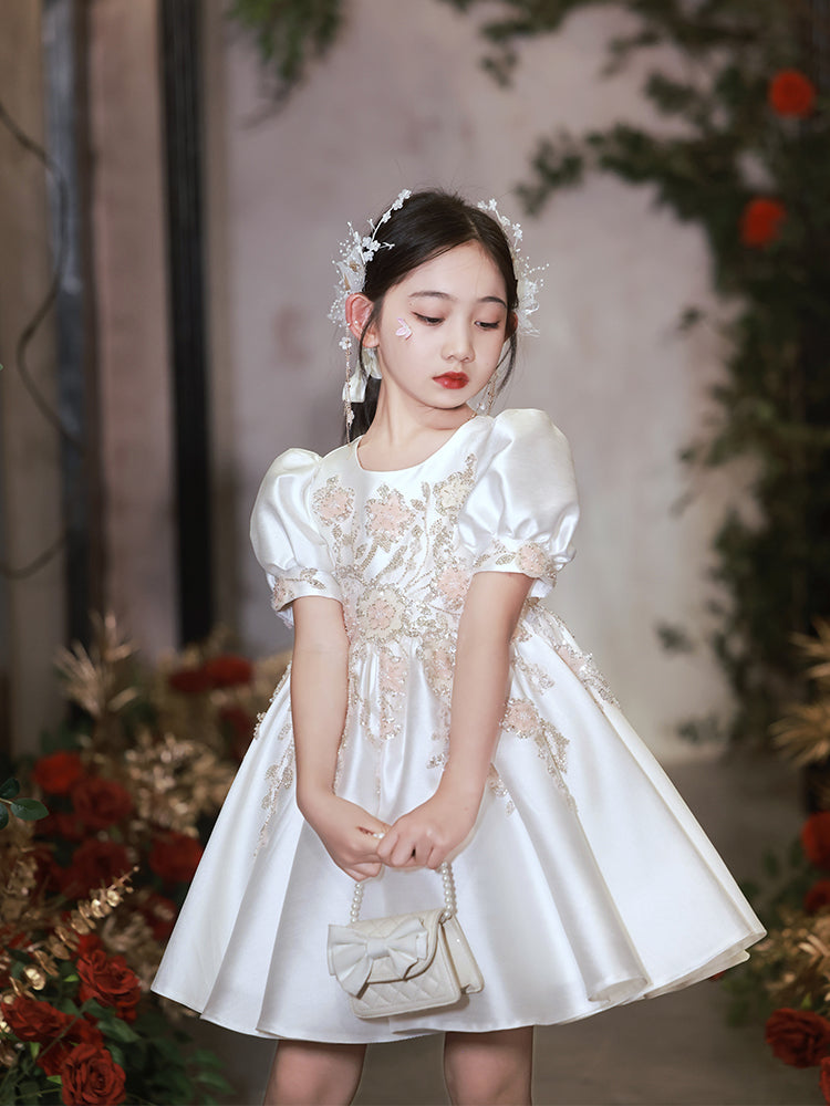 OT009 Children's Ivory White Flower Girl Wedding Hand Work sparkling Fluffy Dress For Performance