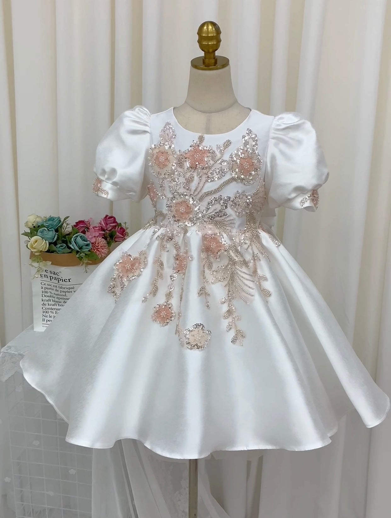OT009 Children's Ivory White Flower Girl Wedding Hand Work sparkling Fluffy Dress For Performance