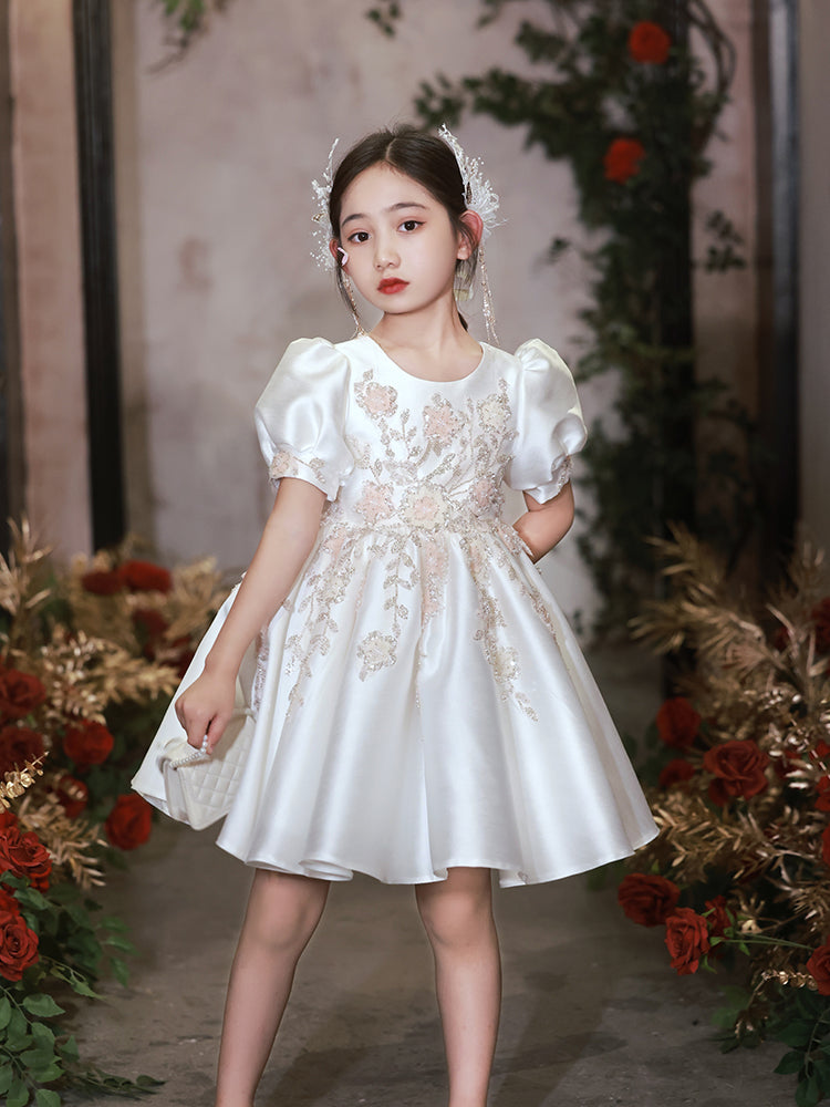 OT009 Children's Ivory White Flower Girl Wedding Hand Work sparkling Fluffy Dress For Performance