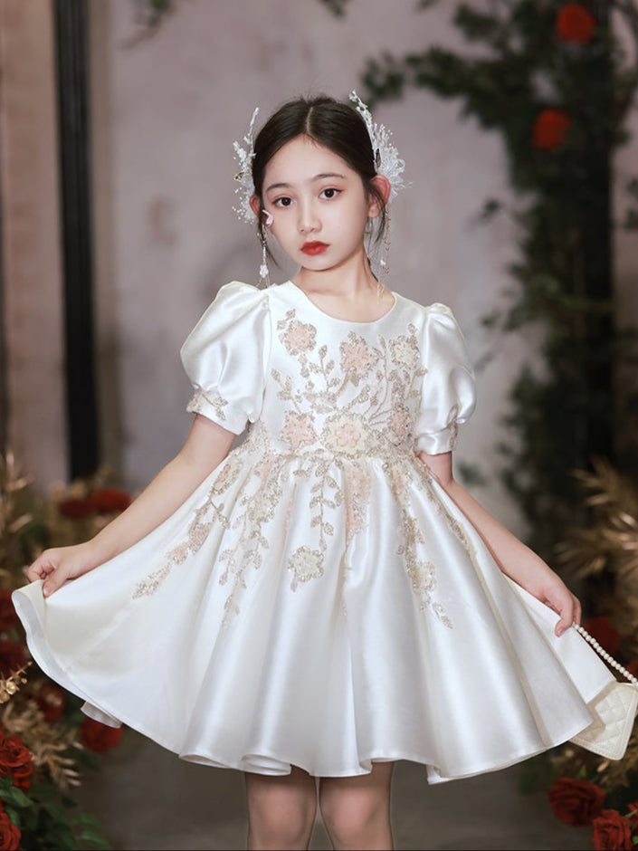 OT009 Children's Ivory White Flower Girl Wedding Hand Work sparkling Fluffy Dress For Performance