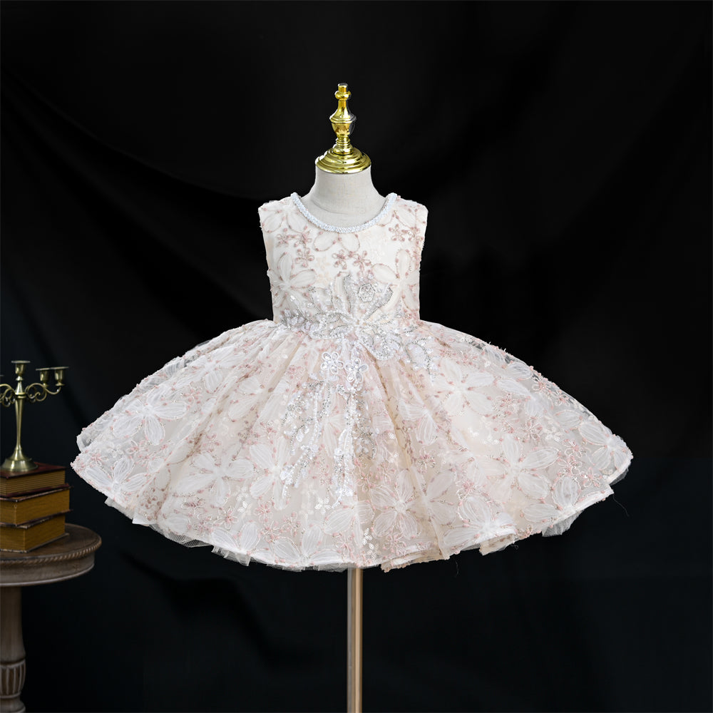 Yoliyolei SCH030 Crafted Embroidered Flowers Lush Dress For Girls Sprinkling Toddlers Girl Child Evening Dress With Big Cute Bow