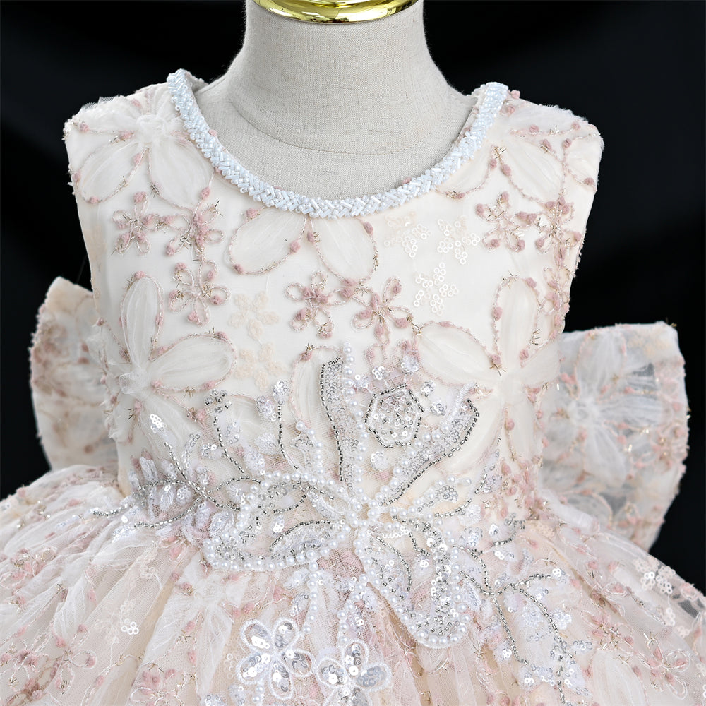 Yoliyolei SCH030 Crafted Embroidered Flowers Lush Dress For Girls Sprinkling Toddlers Girl Child Evening Dress With Big Cute Bow