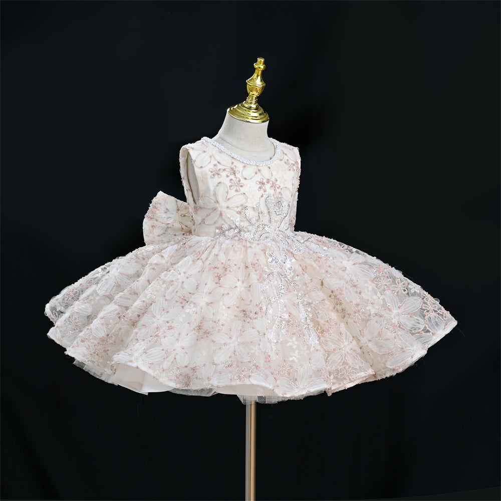 Yoliyolei SCH030 Crafted Embroidered Flowers Lush Dress For Girls Sprinkling Toddlers Girl Child Evening Dress With Big Cute Bow