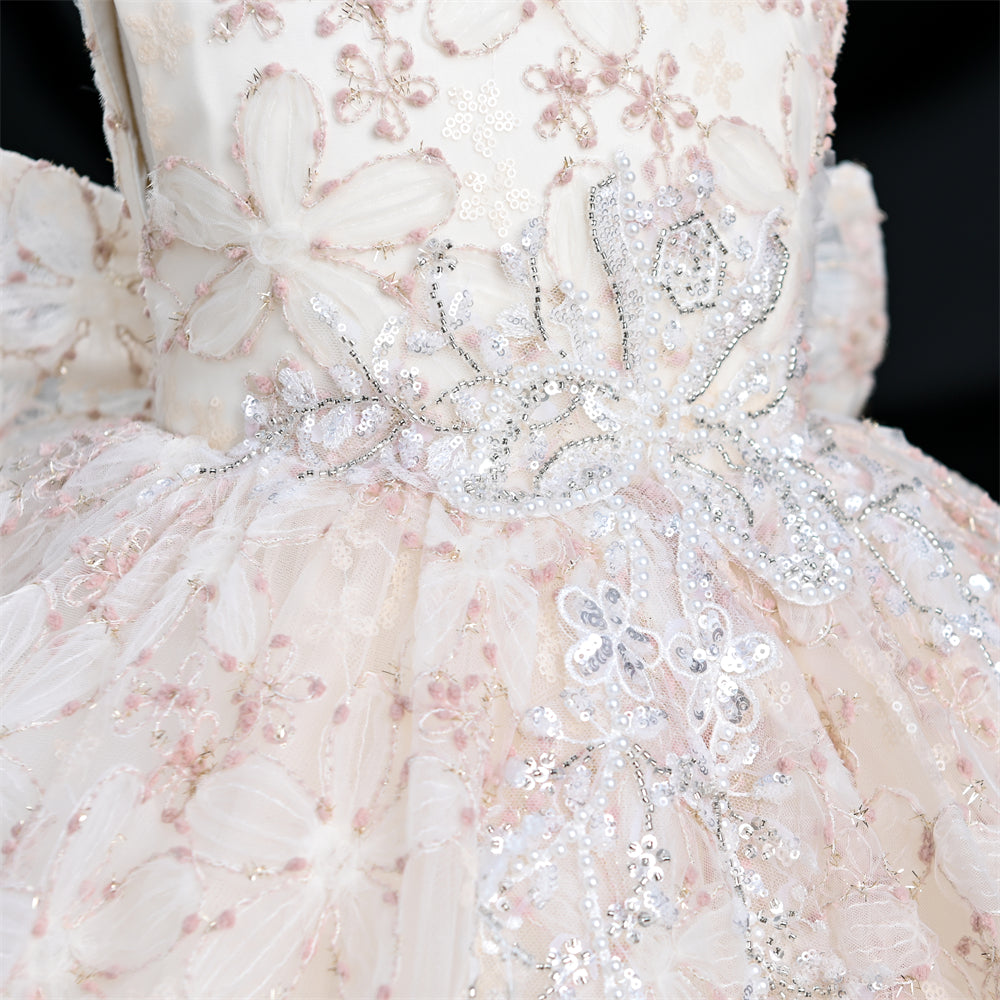 Yoliyolei SCH030 Crafted Embroidered Flowers Lush Dress For Girls Sprinkling Toddlers Girl Child Evening Dress With Big Cute Bow