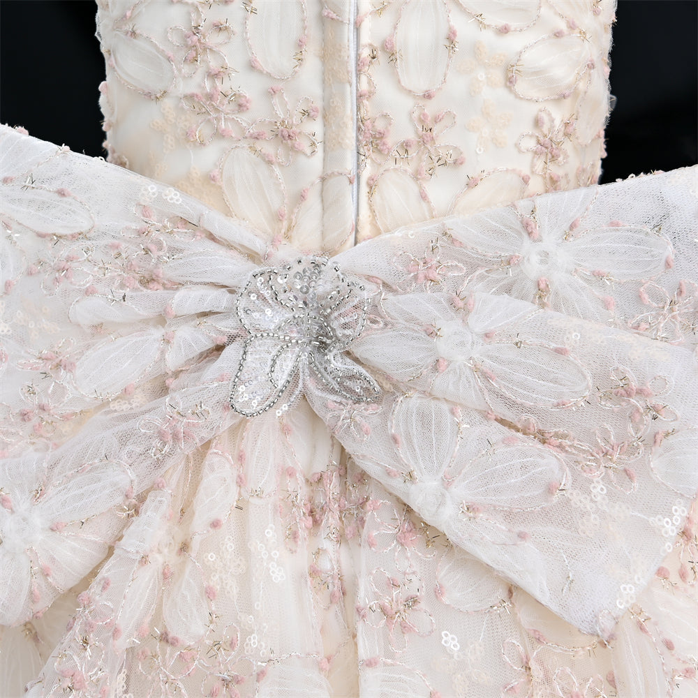 Yoliyolei SCH030 Crafted Embroidered Flowers Lush Dress For Girls Sprinkling Toddlers Girl Child Evening Dress With Big Cute Bow