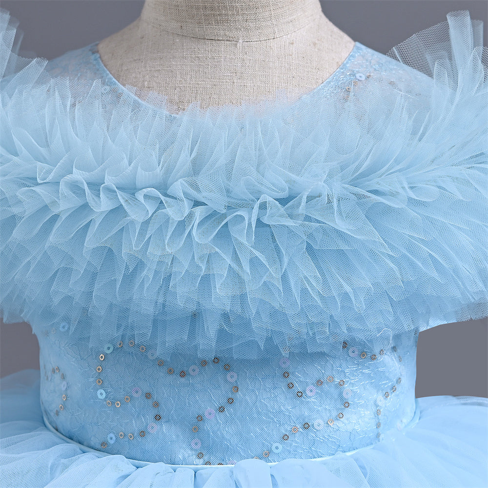 VA238 2024 New Fashion Layers Girls Dress Fluffy Collar Birthday Holidays Wedding Children Trailing Dresses