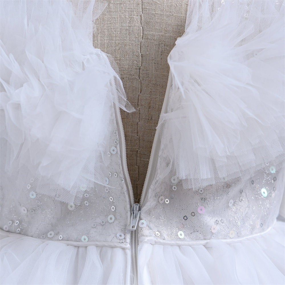 VA238 2024 New Fashion Layers Girls Dress Fluffy Collar Birthday Holidays Wedding Children Trailing Dresses
