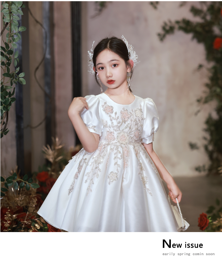 OT009 Children's Ivory White Flower Girl Wedding Hand Work sparkling Fluffy Dress For Performance