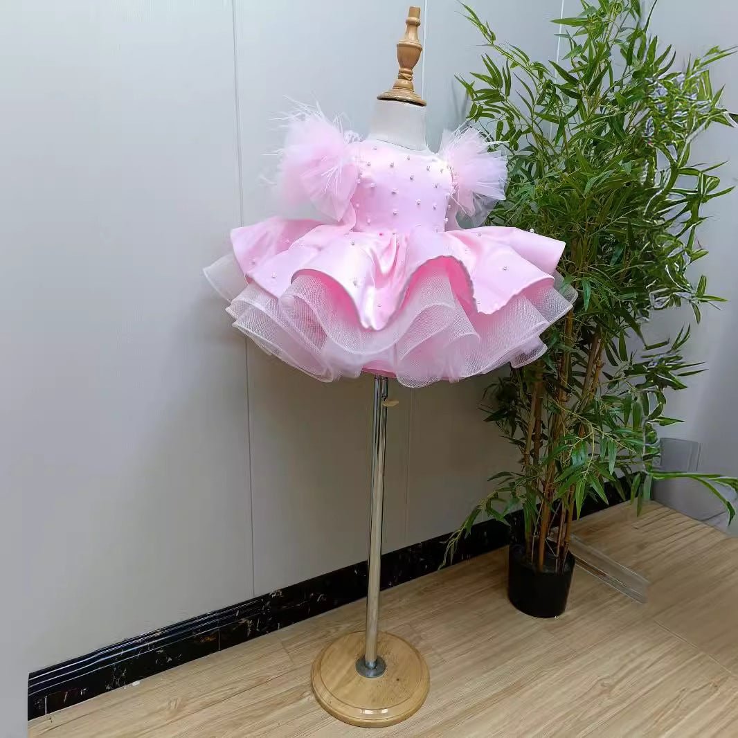 OT011 Party Dresses Girls Luxury Pearls Knee Length Pink Princess Dress