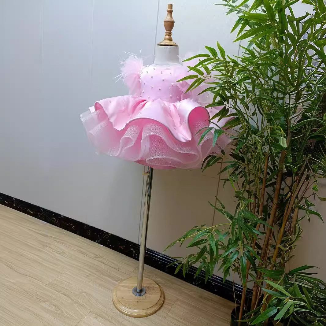 OT011 Party Dresses Girls Luxury Pearls Knee Length Pink Princess Dress