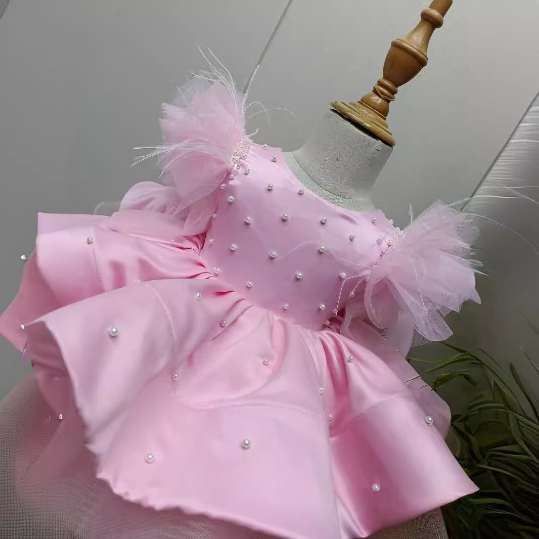 OT011 Party Dresses Girls Luxury Pearls Knee Length Pink Princess Dress