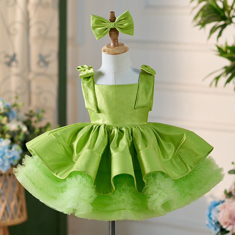 OT005 Girls' High End Satin Fluffy Dress Holidays Kids Square Neckline Children Princess Dresses With Wide Straps