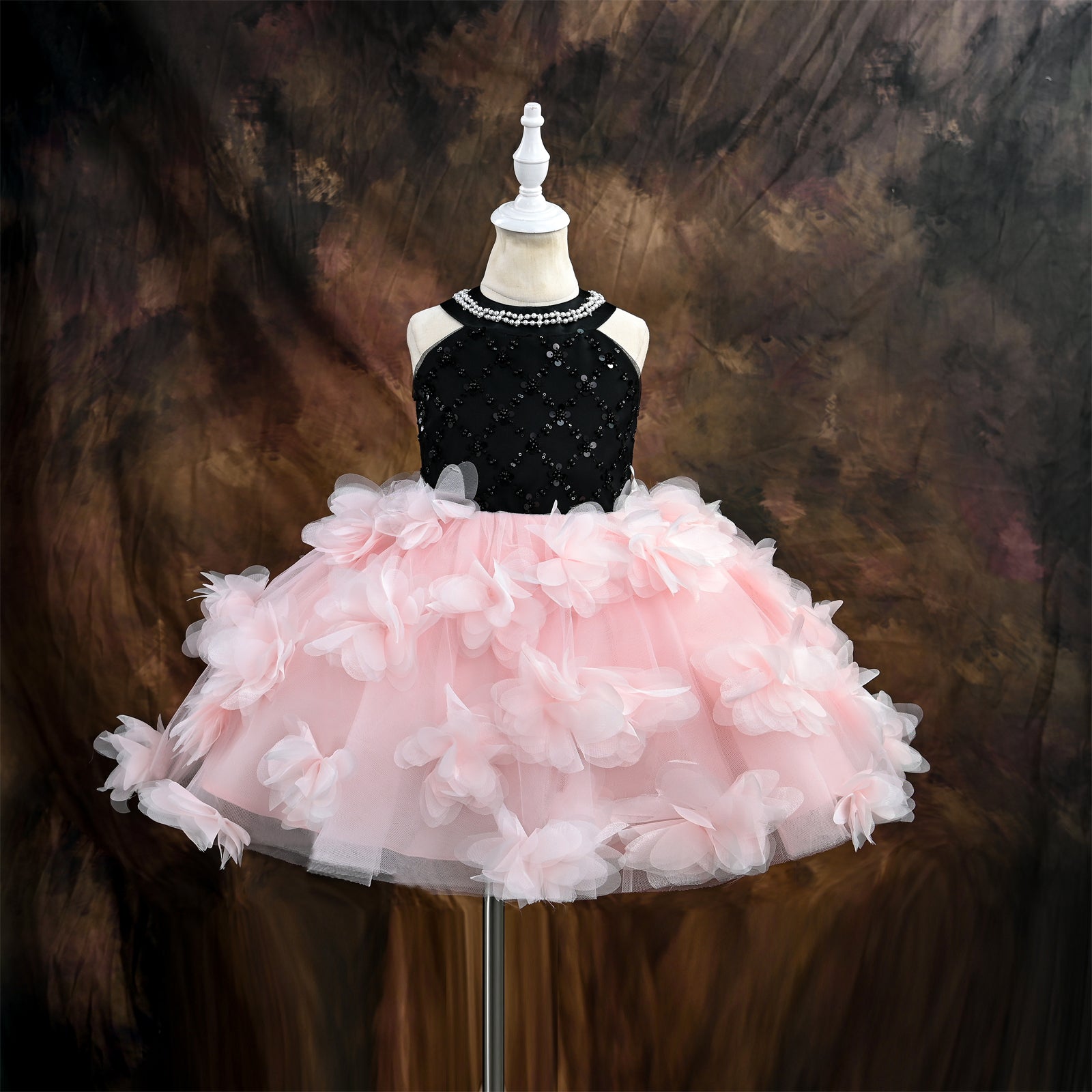 JMS001 Black & Pink Flower Girl Dress with 3D Petals | Elegant Party G Outong JMS001 Black & Pink Flower Girl Dress with 3D Petals | Elegant Party G Outong