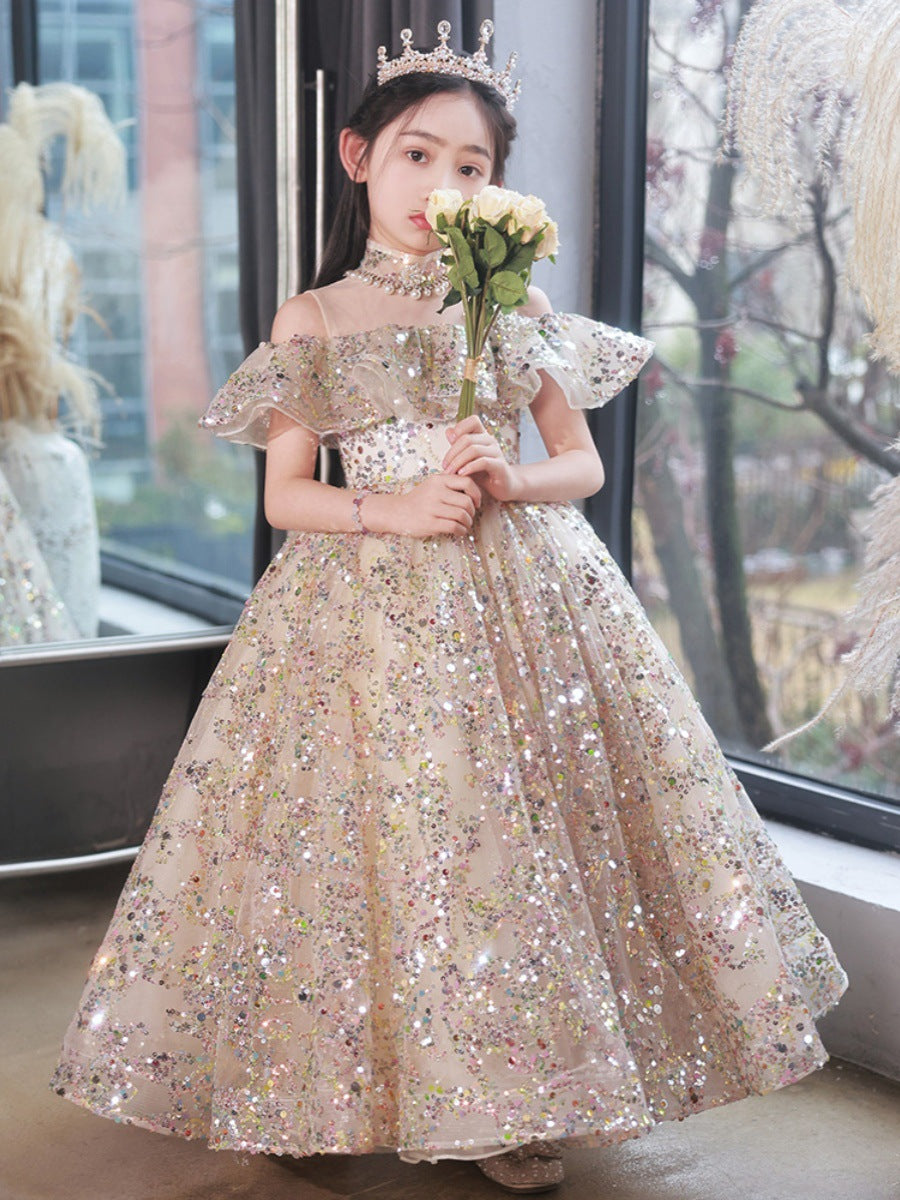 OT013 Elegance Sparkle Kids Gold Dress High Neckline Ruffled Short Sle –  Outong