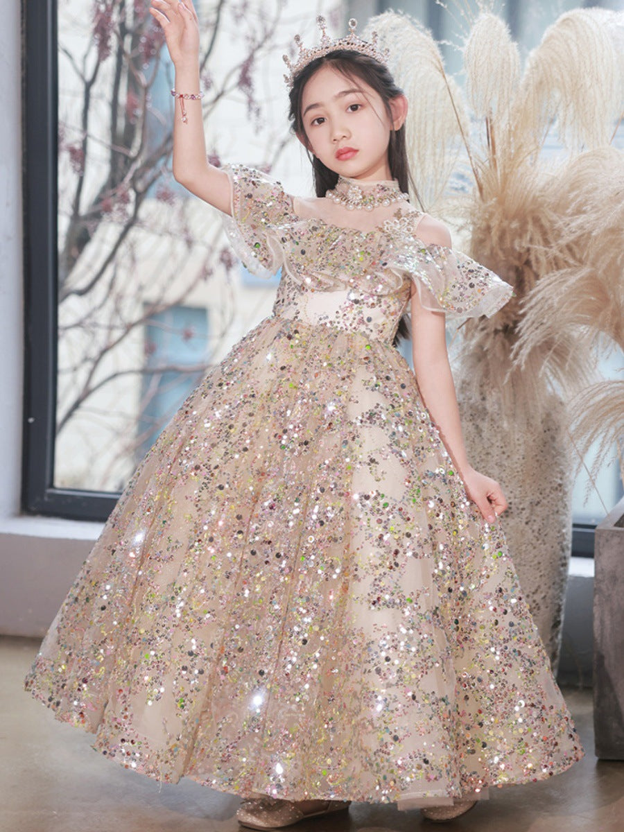 OT013 Elegance Sparkle Kids Gold Dress High Neckline Ruffled Short Sle   Outong