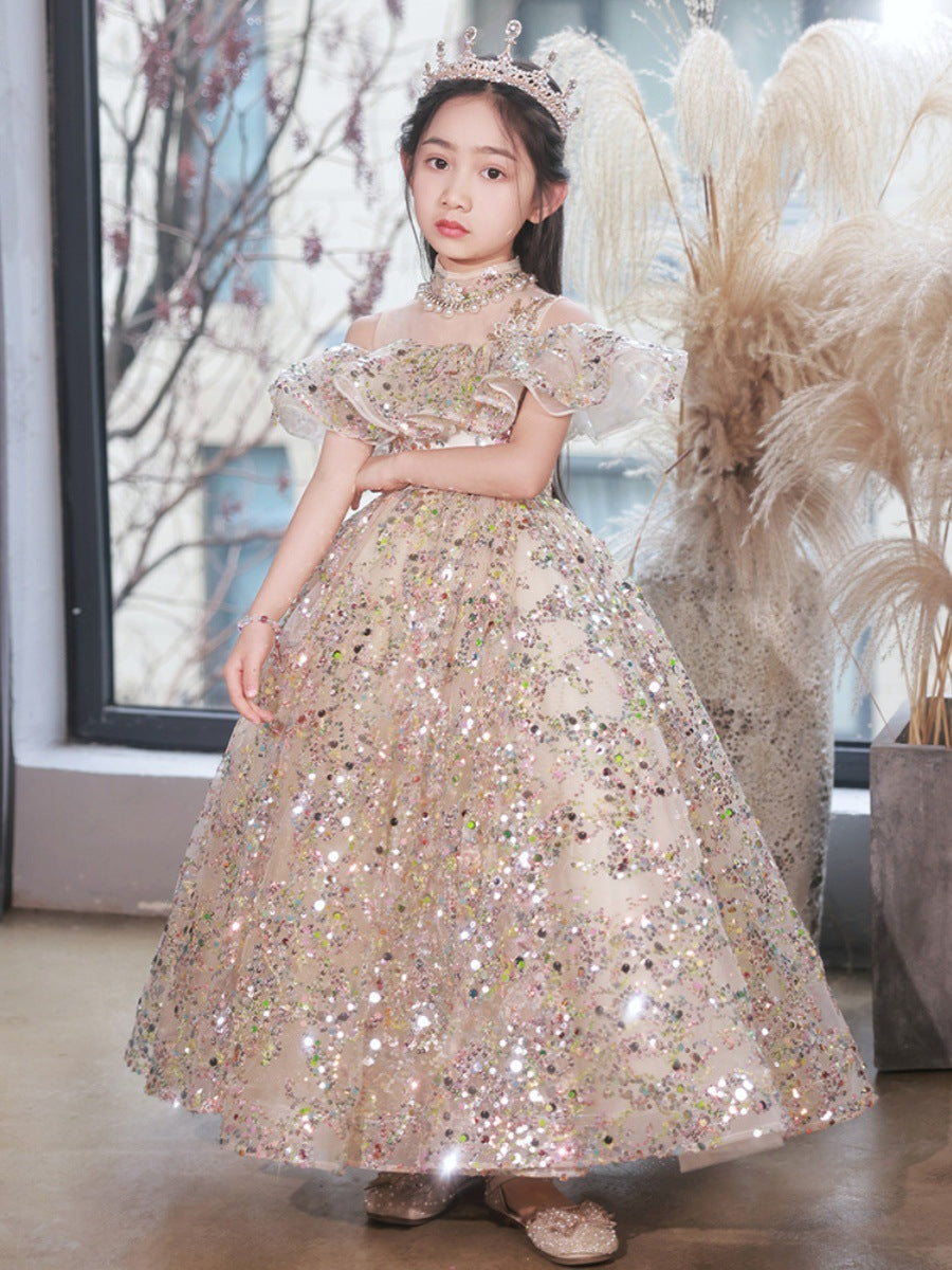 open lace back dress OT013 Elegance Sparkle Kids Gold Dress High Neckline Ruffled Short Sle –  Outong